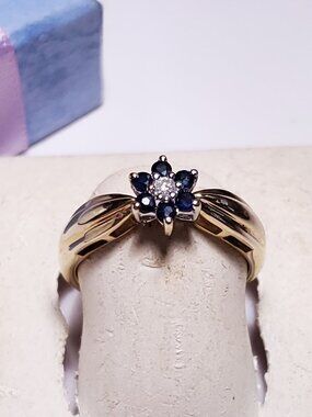 Estate .27ctw Natural Blue Sapphire &Diamond Flower Top Polish 10Kt YG Ring24288